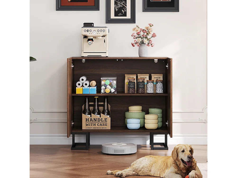 Buffet commode aspect noyer foncé relief feuilles portes pression pieds métalliques salon couloir moderne