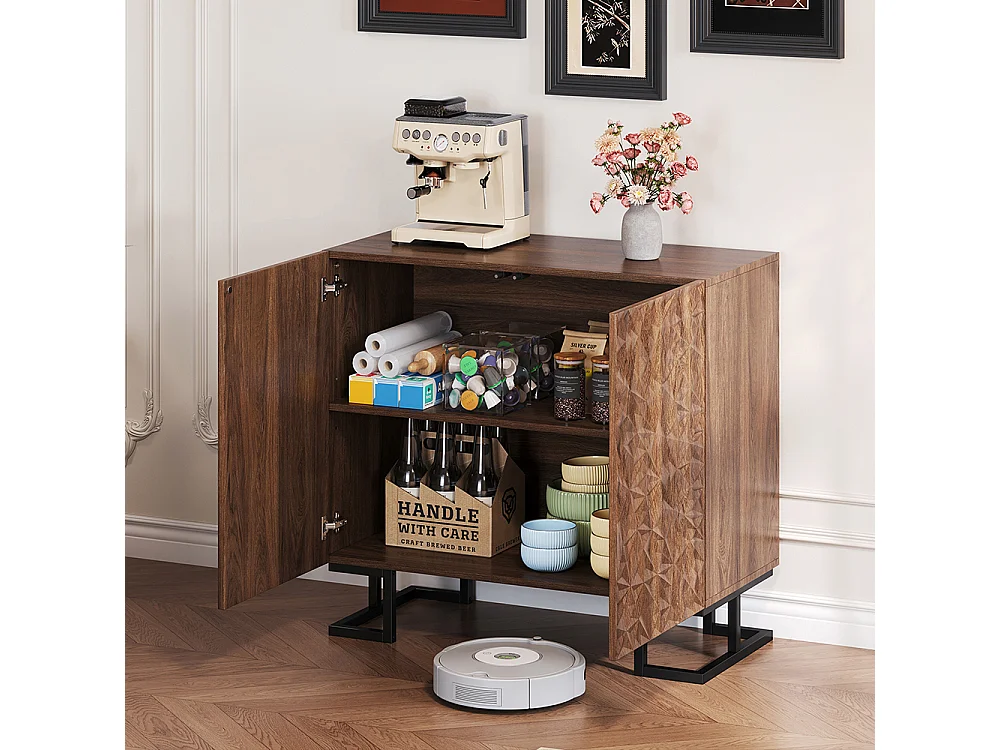 Buffet commode aspect noyer foncé relief feuilles portes pression pieds métalliques salon couloir moderne