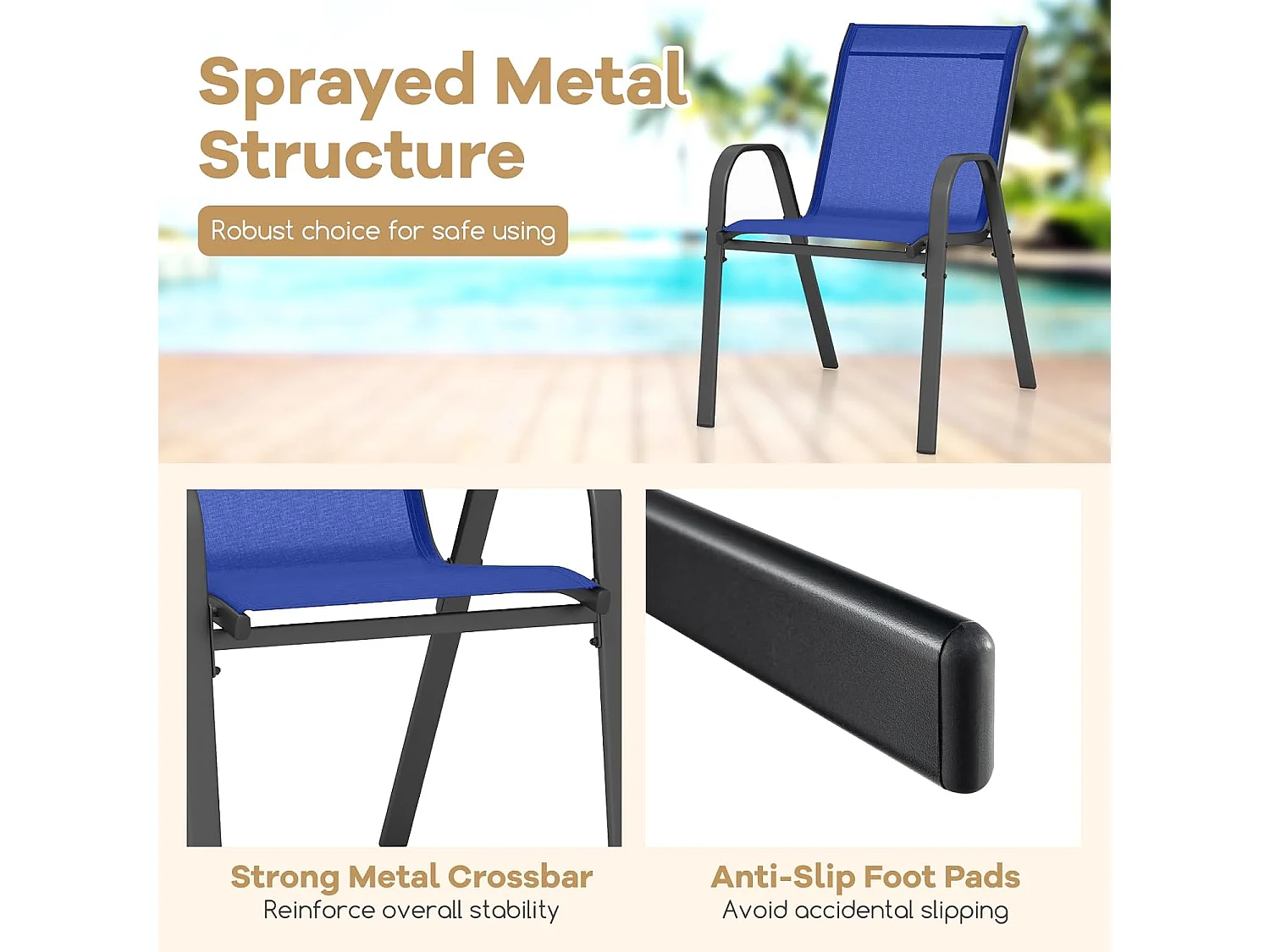 Set van 4 Stapelbare Tuinstoelen van Ademende Stof met Sterk Metalen Frame - Blauw
