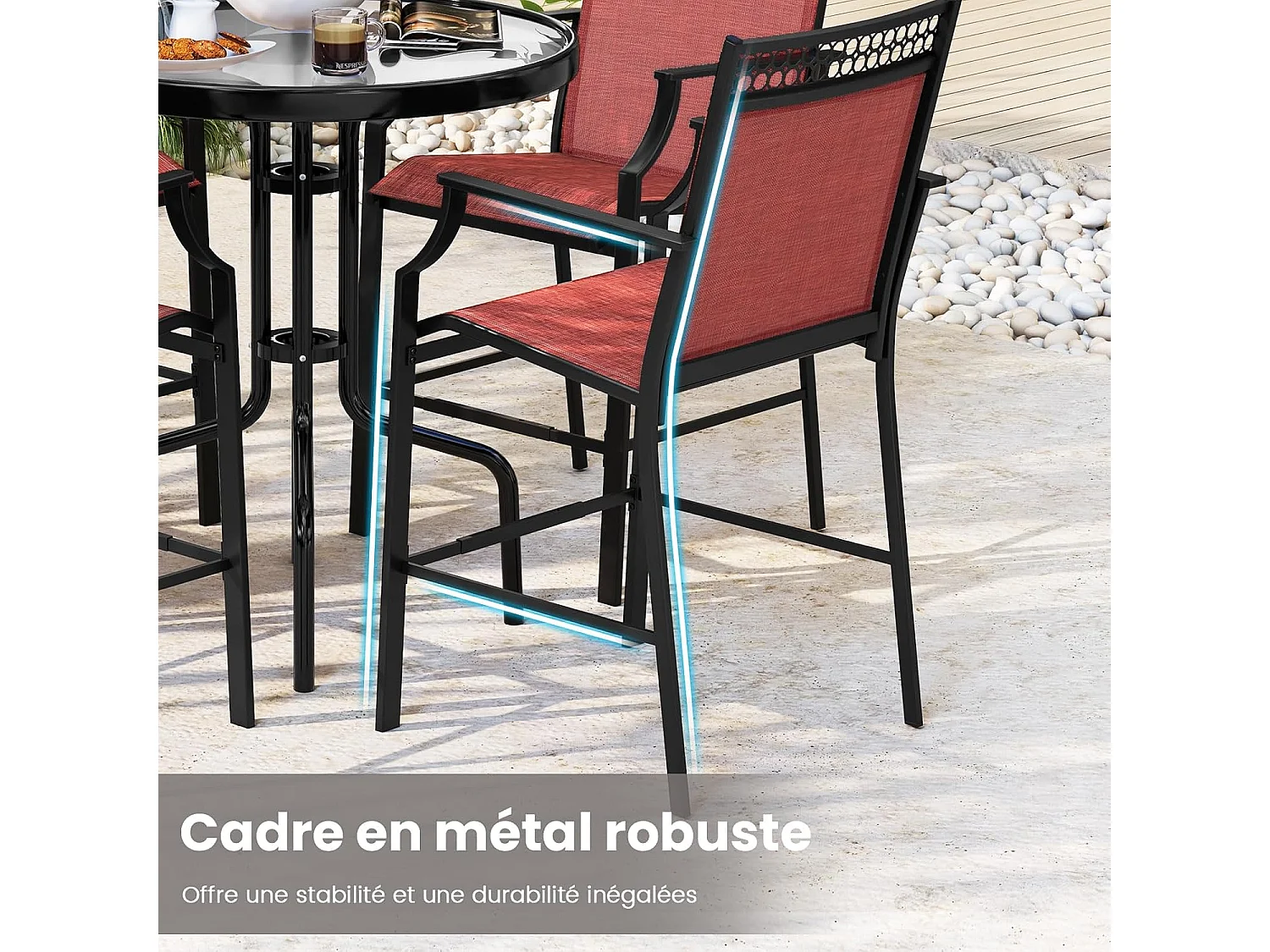 Set van 2 Barkrukken van Rood Metaal, Comfortabel met Hoge Rugleuning en Voetensteun, Draagvermogen 180 kg, 66 x 62 x 114 cm