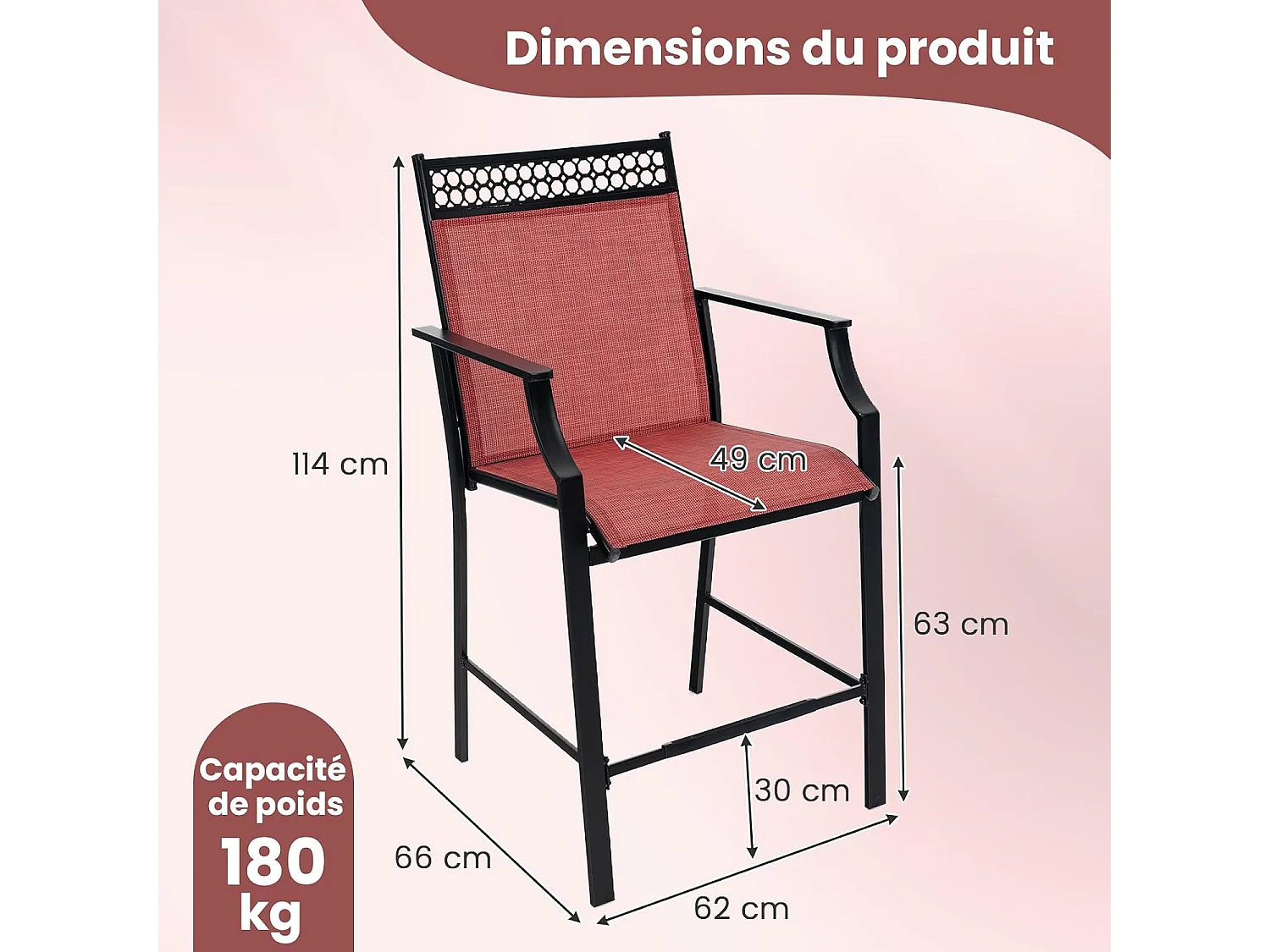 Set van 2 Barkrukken van Rood Metaal, Comfortabel met Hoge Rugleuning en Voetensteun, Draagvermogen 180 kg, 66 x 62 x 114 cm
