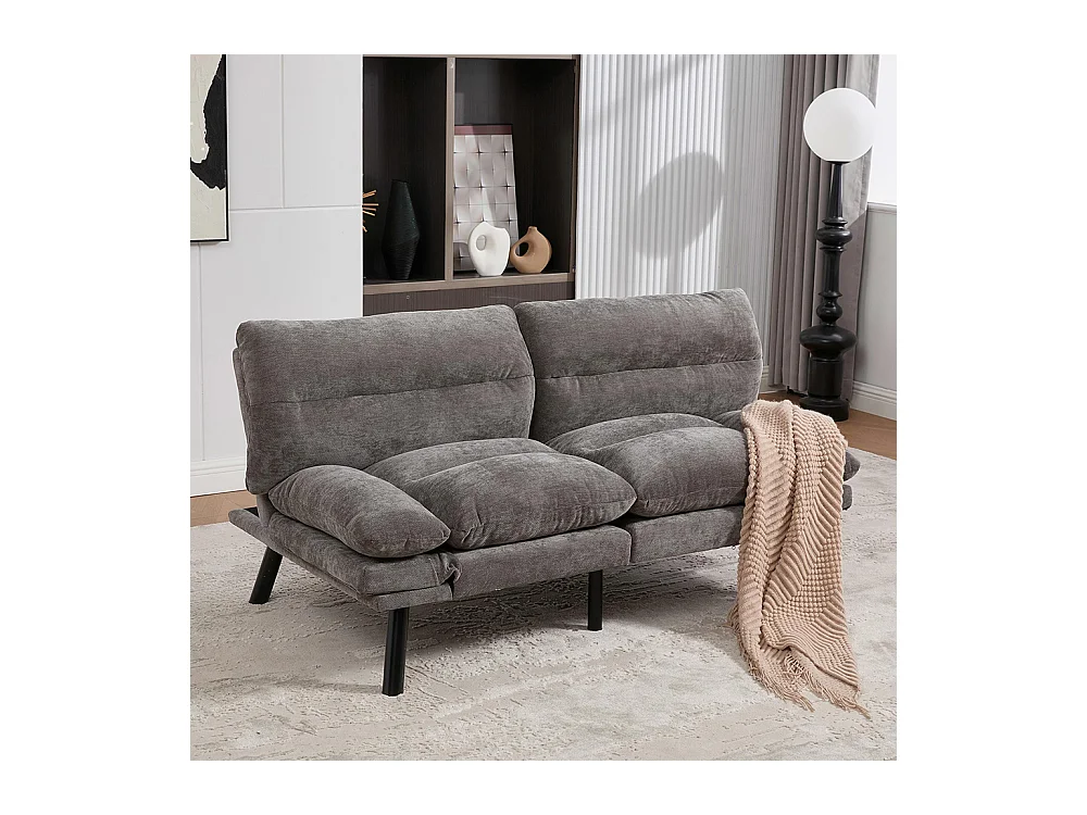 Canapé 2 places chenille ergonomique assise dossier accoudoirs réglables pieds métal confort stable Gris foncé