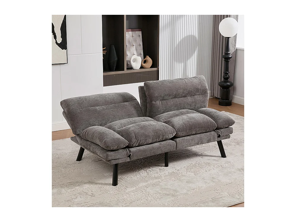 Canapé 2 places chenille ergonomique assise dossier accoudoirs réglables pieds métal confort stable Gris foncé