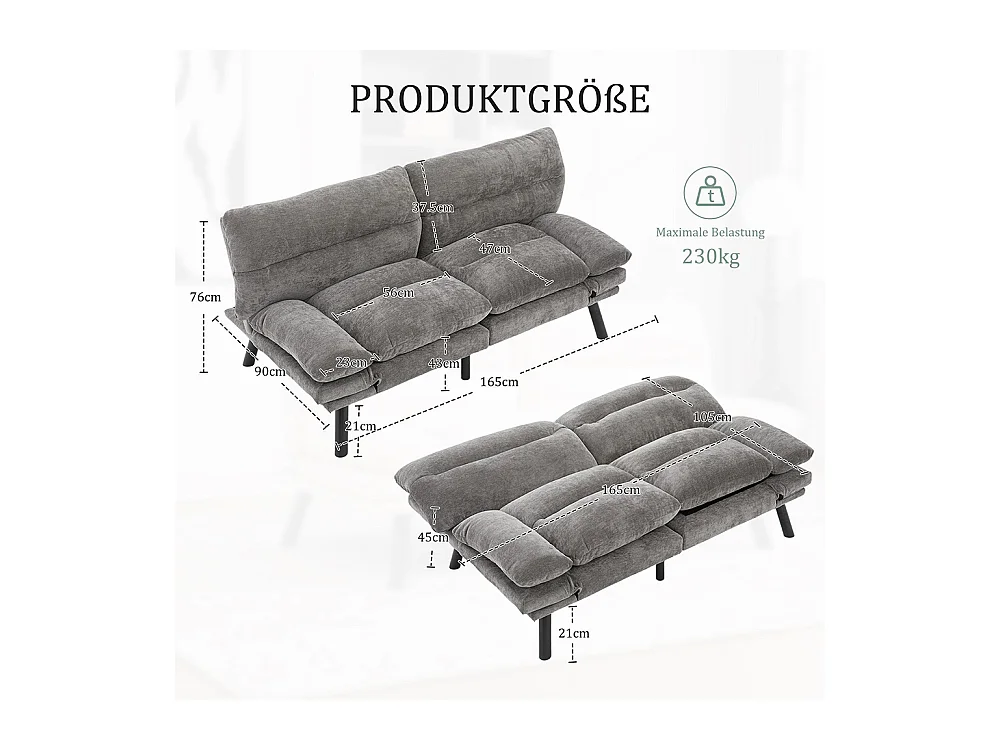 Canapé 2 places chenille ergonomique assise dossier accoudoirs réglables pieds métal confort stable Gris foncé