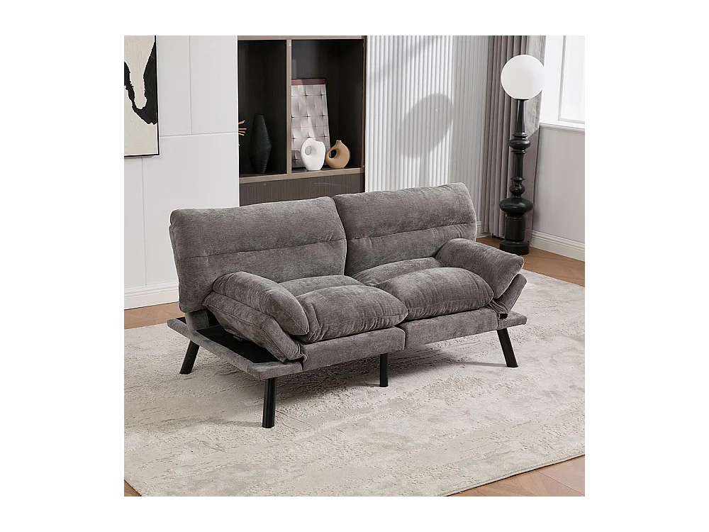 Canapé 2 places chenille ergonomique assise dossier accoudoirs réglables pieds métal confort stable Gris foncé
