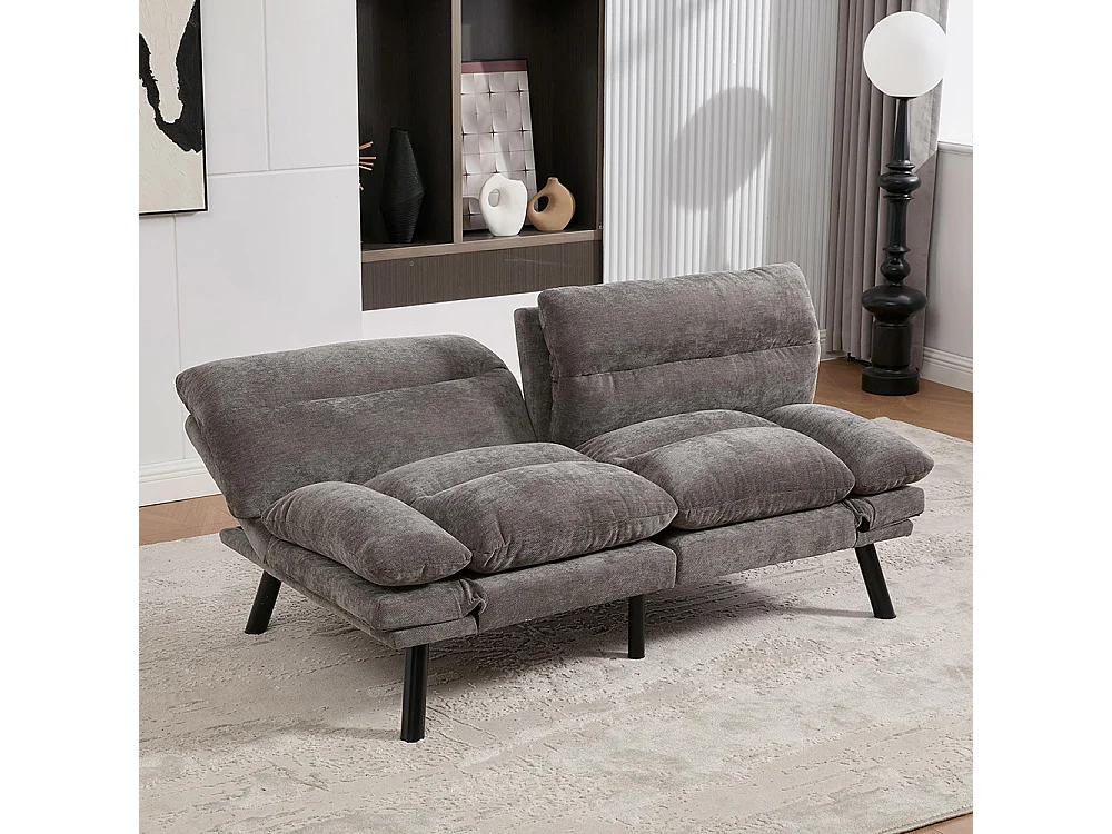 Canapé 2 places chenille ergonomique assise dossier accoudoirs réglables pieds métal confort stable Gris foncé
