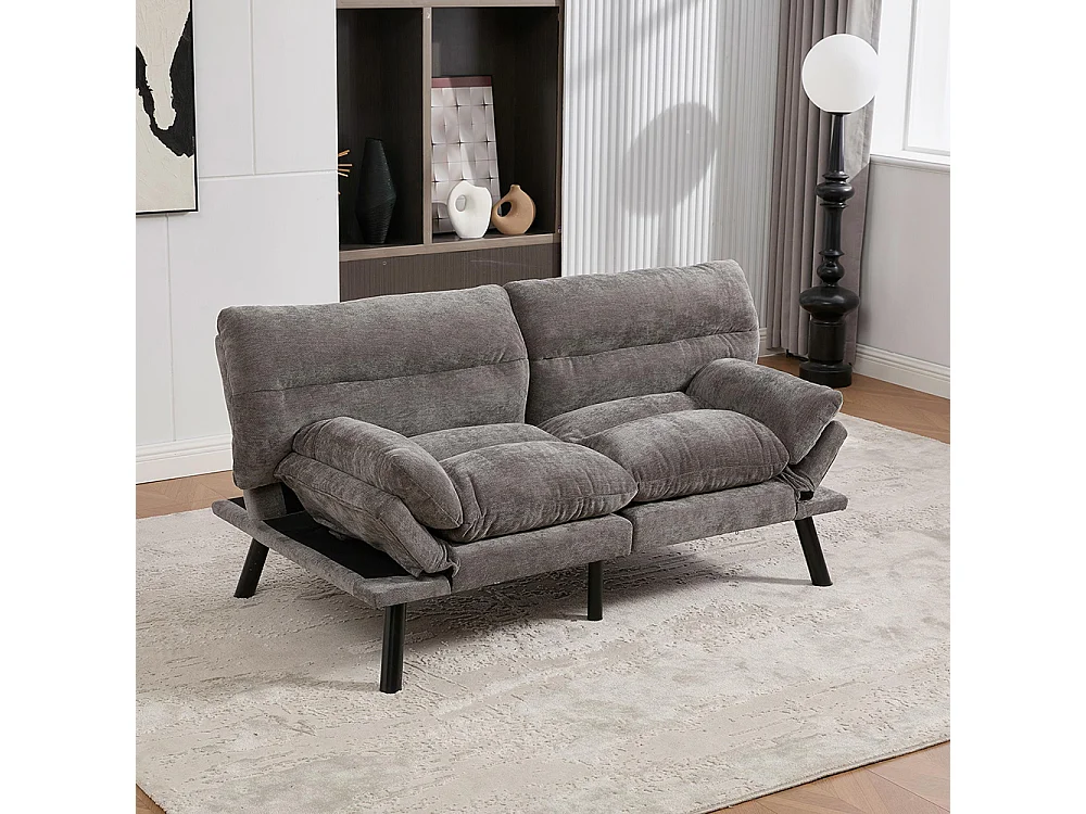 Canapé 2 places chenille ergonomique assise dossier accoudoirs réglables pieds métal confort stable Gris foncé