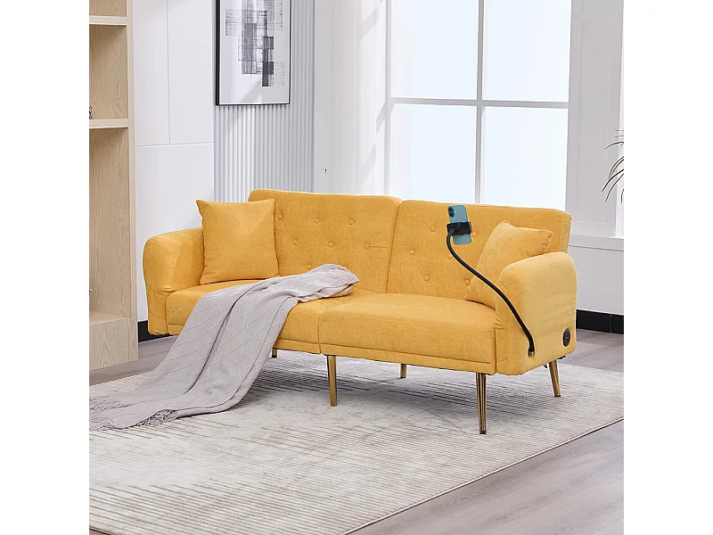 Canapé convertible 2 places dossier ajustable USB poche support téléphone pieds métal pliant siège lit dappoint jaune