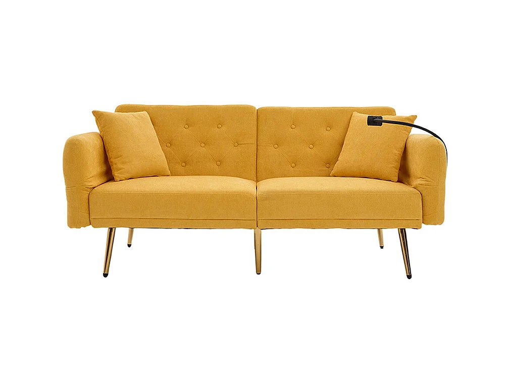 Canapé convertible 2 places dossier ajustable USB poche support téléphone pieds métal pliant siège lit dappoint jaune
