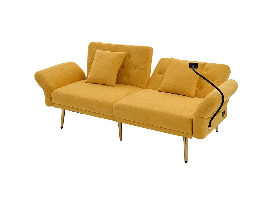 Canapé convertible 2 places dossier ajustable USB poche support téléphone pieds métal pliant siège lit dappoint jaune