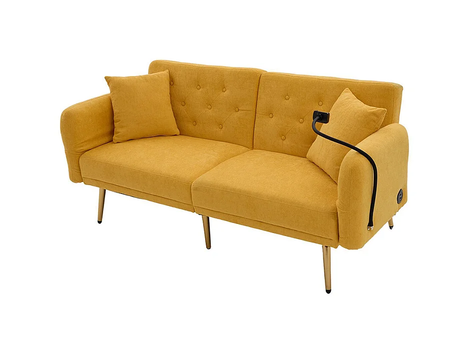 Canapé convertible 2 places dossier ajustable USB poche support téléphone pieds métal pliant siège lit dappoint jaune