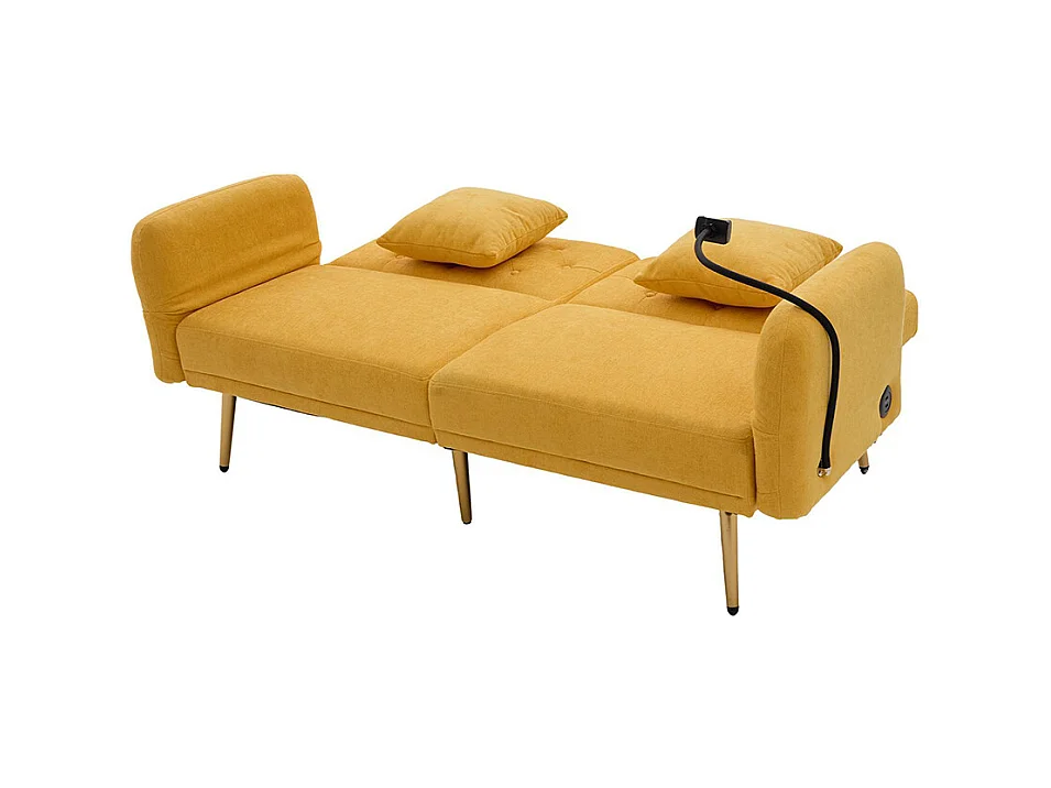 Canapé convertible 2 places dossier ajustable USB poche support téléphone pieds métal pliant siège lit dappoint jaune
