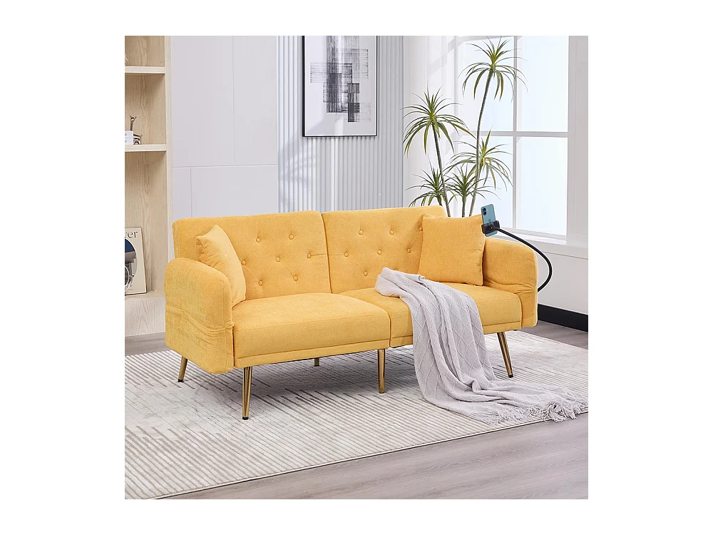 Canapé convertible 2 places dossier ajustable USB poche support téléphone pieds métal pliant siège lit dappoint jaune