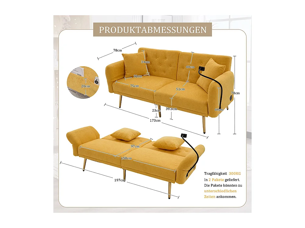 Canapé convertible 2 places dossier ajustable USB poche support téléphone pieds métal pliant siège lit dappoint jaune