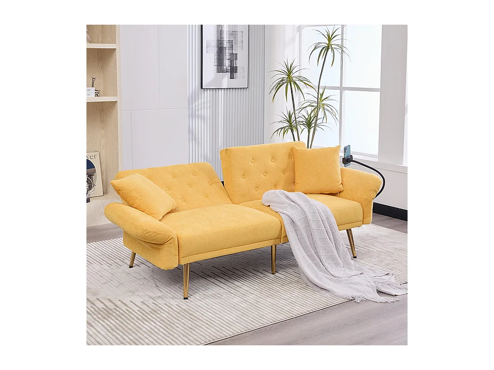 Canapé convertible 2 places dossier ajustable USB poche support téléphone pieds métal pliant siège lit dappoint jaune