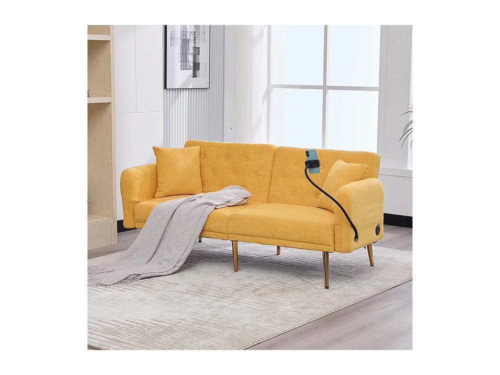 Canapé convertible 2 places dossier ajustable USB poche support téléphone pieds métal pliant siège lit dappoint jaune
