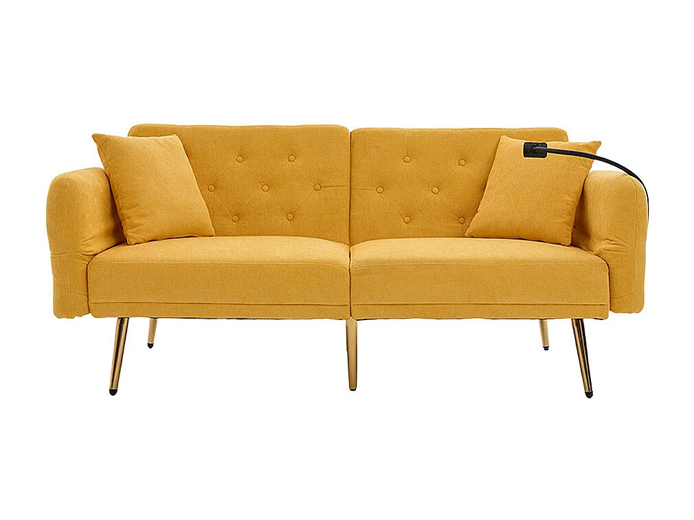 Canapé convertible 2 places dossier ajustable USB poche support téléphone pieds métal pliant siège lit dappoint jaune