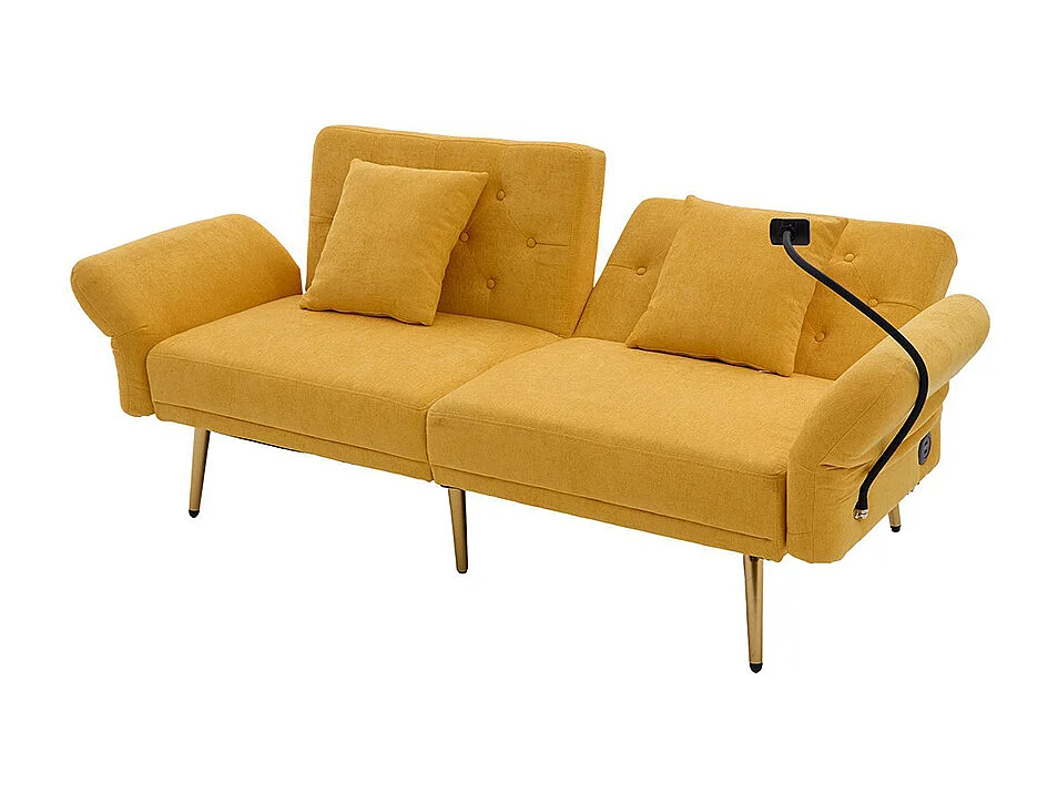 Canapé convertible 2 places dossier ajustable USB poche support téléphone pieds métal pliant siège lit dappoint jaune