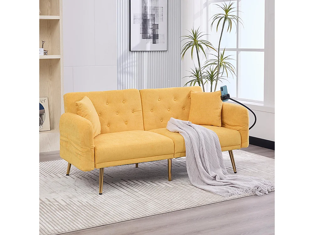 Canapé convertible 2 places dossier ajustable USB poche support téléphone pieds métal pliant siège lit dappoint jaune