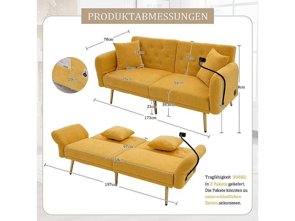 Canapé convertible 2 places dossier ajustable USB poche support téléphone pieds métal pliant siège lit dappoint jaune