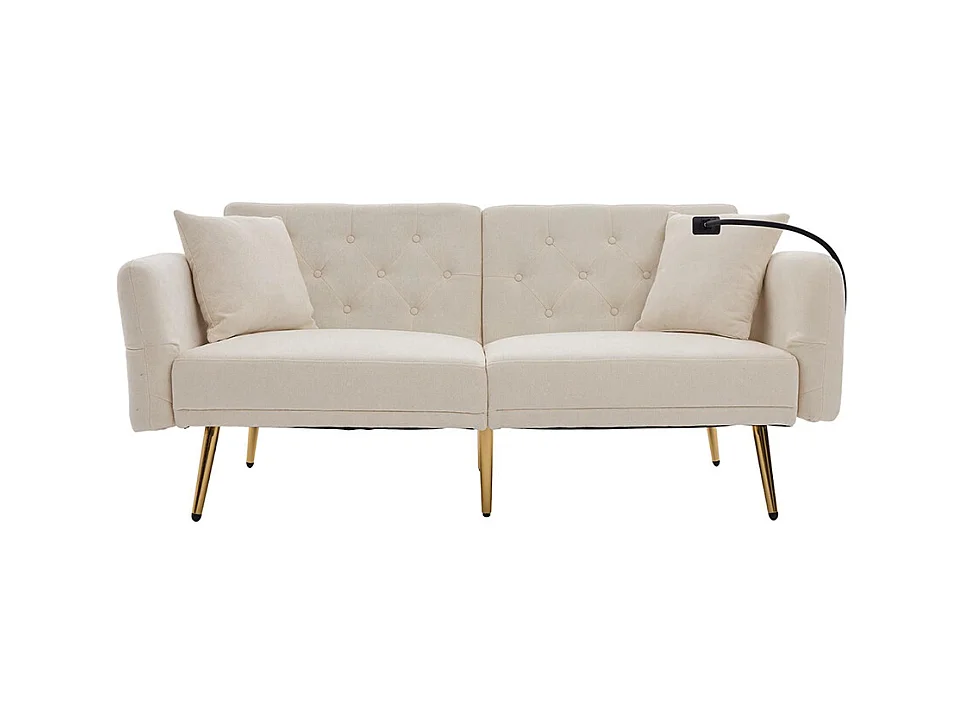 Canapé convertible 2 places dossier ajustable USB poche support téléphone pieds métal pliant siège lit dappoint beige