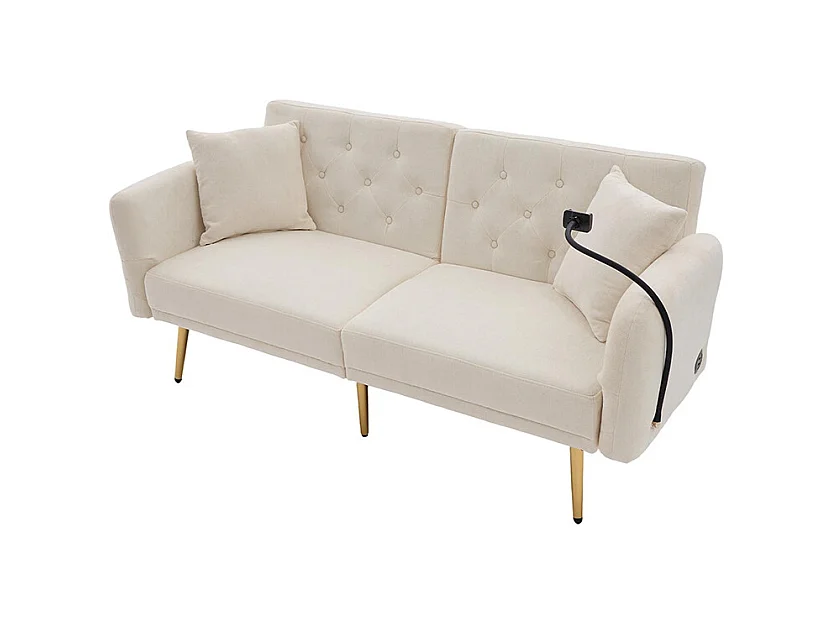 Canapé convertible 2 places dossier ajustable USB poche support téléphone pieds métal pliant siège lit dappoint beige