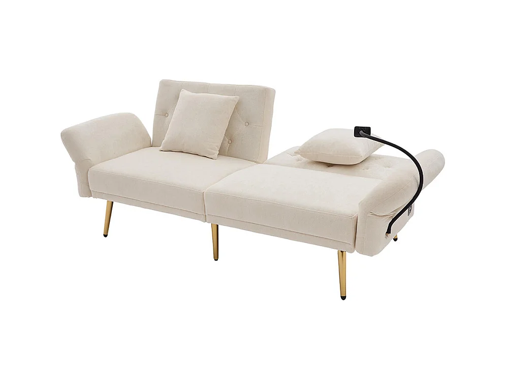 Canapé convertible 2 places dossier ajustable USB poche support téléphone pieds métal pliant siège lit dappoint beige