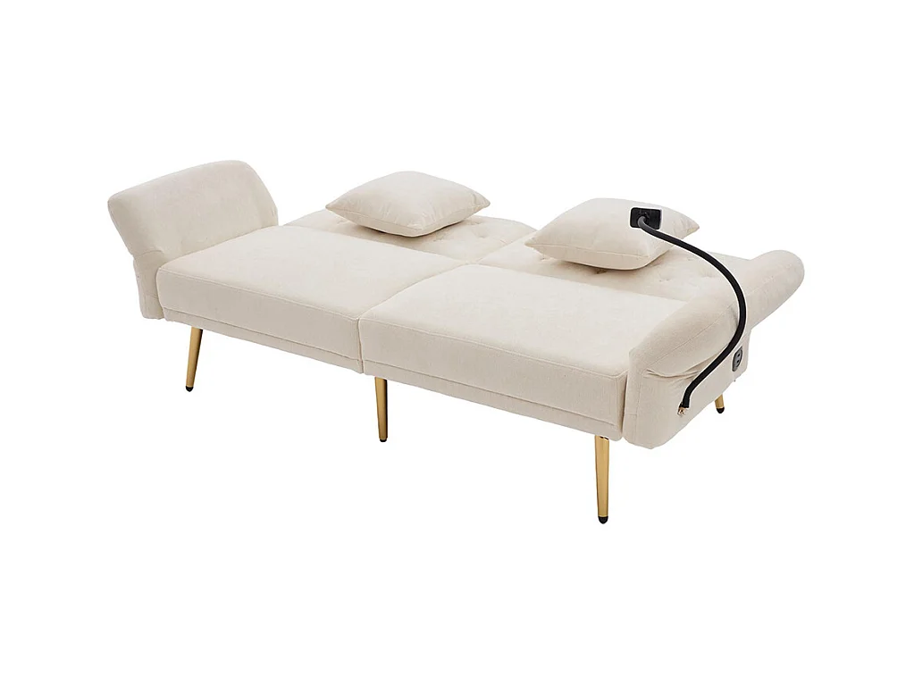 Canapé convertible 2 places dossier ajustable USB poche support téléphone pieds métal pliant siège lit dappoint beige