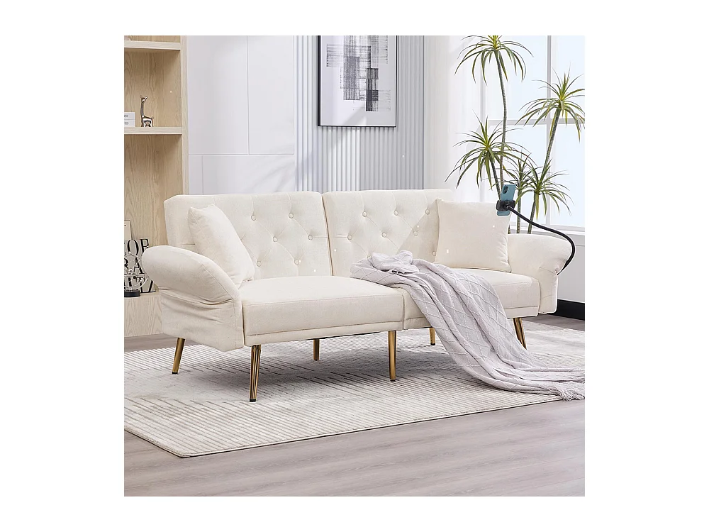 Canapé convertible 2 places dossier ajustable USB poche support téléphone pieds métal pliant siège lit dappoint beige