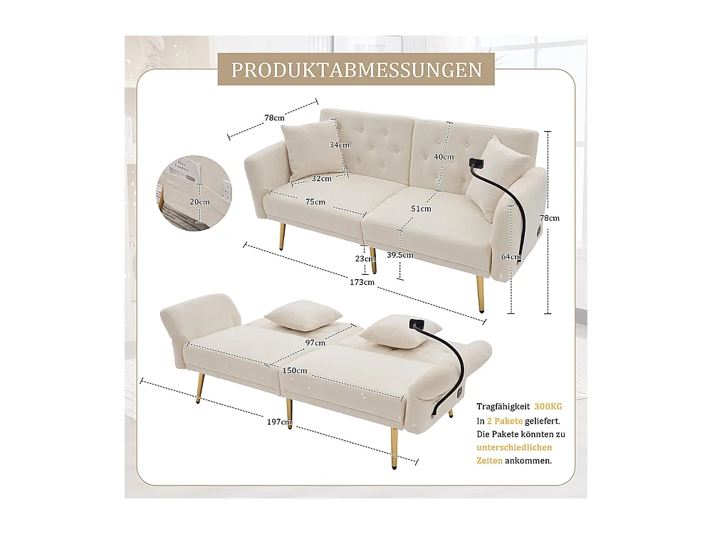 Canapé convertible 2 places dossier ajustable USB poche support téléphone pieds métal pliant siège lit dappoint beige
