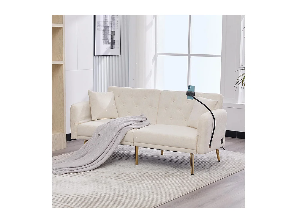 Canapé convertible 2 places dossier ajustable USB poche support téléphone pieds métal pliant siège lit dappoint beige