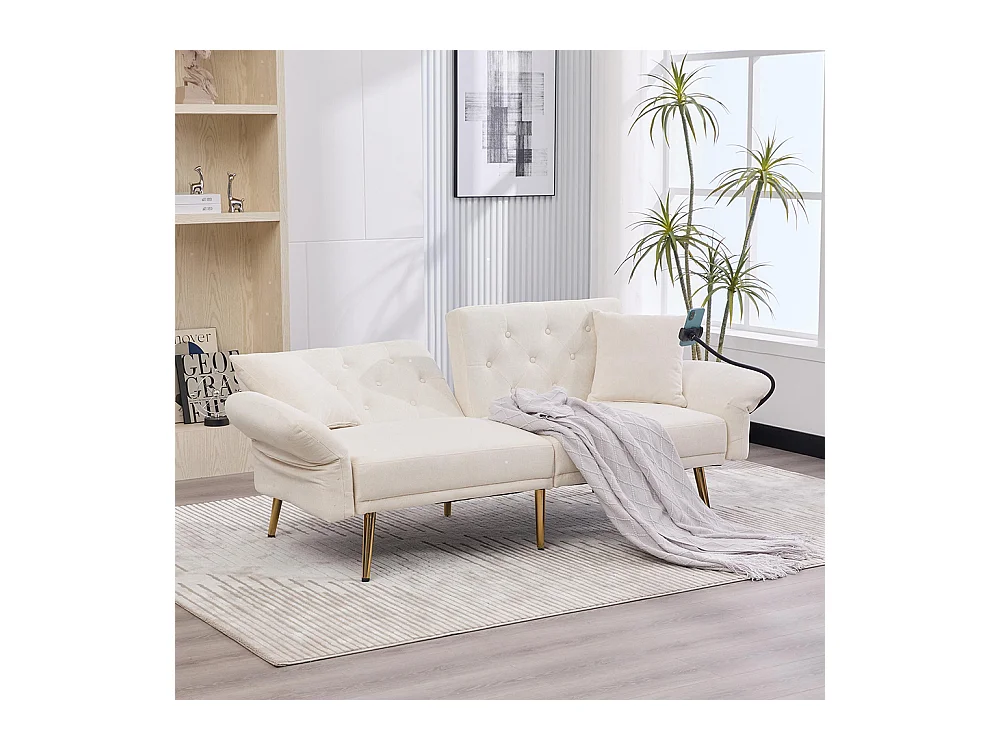 Canapé convertible 2 places dossier ajustable USB poche support téléphone pieds métal pliant siège lit dappoint beige