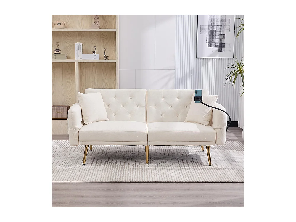 Canapé convertible 2 places dossier ajustable USB poche support téléphone pieds métal pliant siège lit dappoint beige