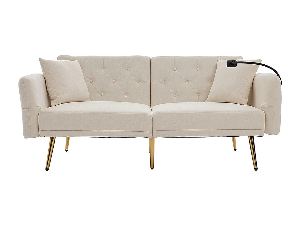 Canapé convertible 2 places dossier ajustable USB poche support téléphone pieds métal pliant siège lit dappoint beige