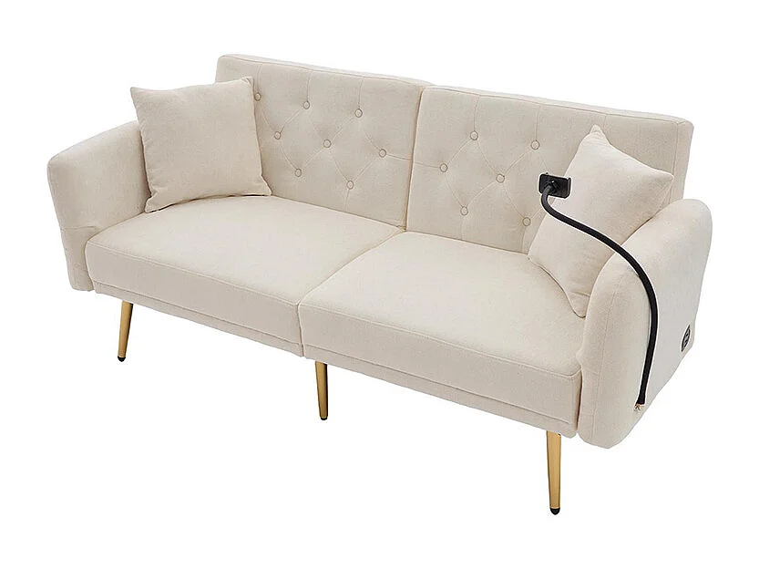 Canapé convertible 2 places dossier ajustable USB poche support téléphone pieds métal pliant siège lit dappoint beige