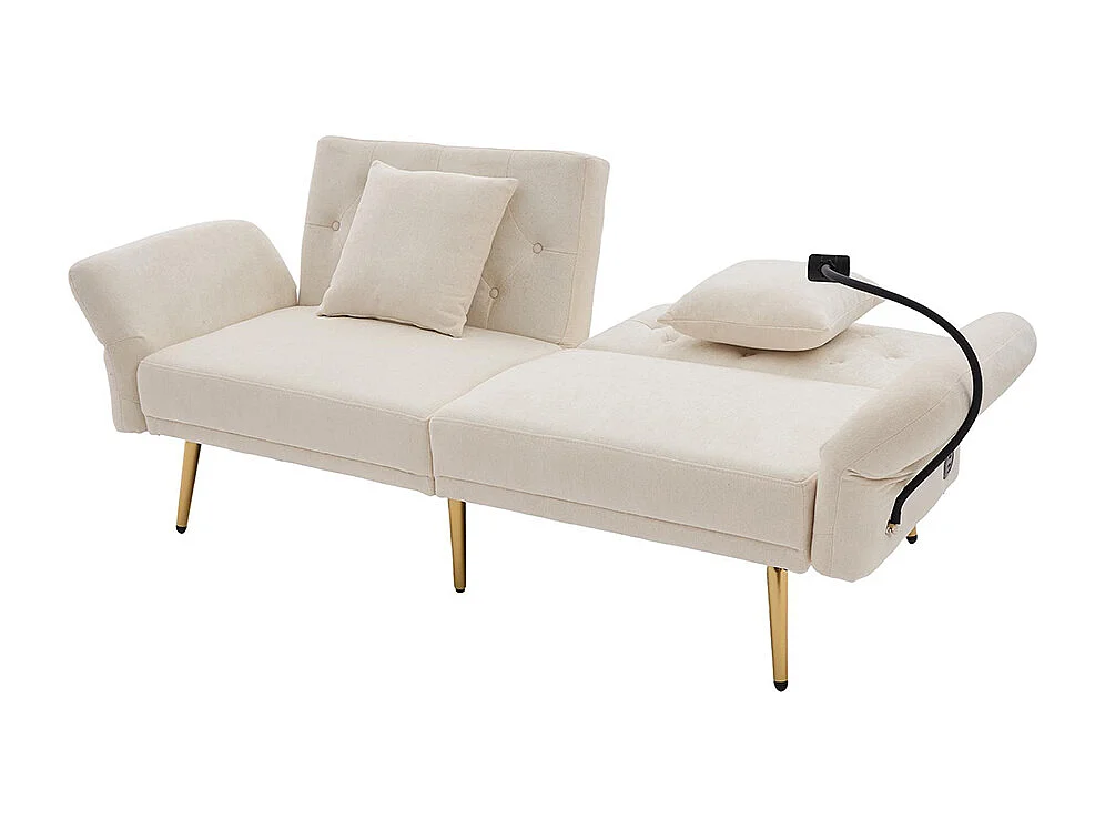 Canapé convertible 2 places dossier ajustable USB poche support téléphone pieds métal pliant siège lit dappoint beige