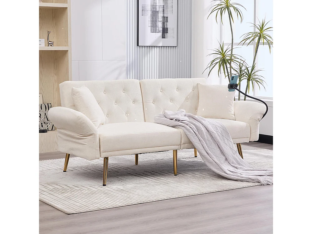 Canapé convertible 2 places dossier ajustable USB poche support téléphone pieds métal pliant siège lit dappoint beige