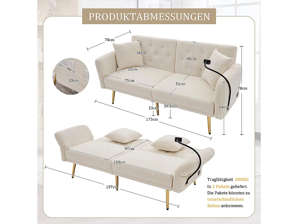 Canapé convertible 2 places dossier ajustable USB poche support téléphone pieds métal pliant siège lit dappoint beige