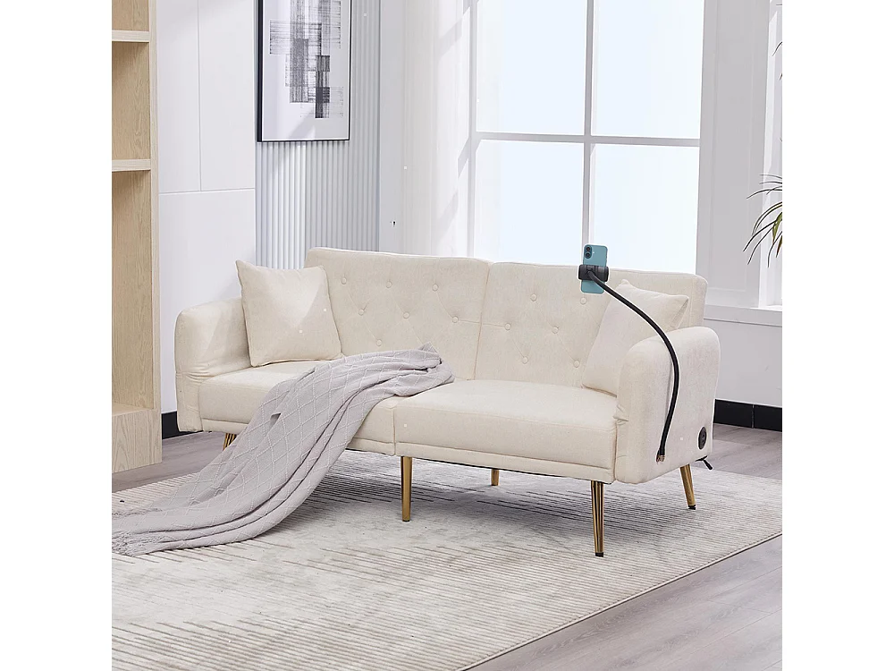Canapé convertible 2 places dossier ajustable USB poche support téléphone pieds métal pliant siège lit dappoint beige