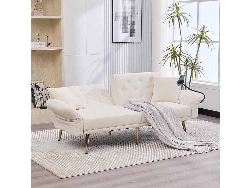 Canapé convertible 2 places dossier ajustable USB poche support téléphone pieds métal pliant siège lit dappoint beige
