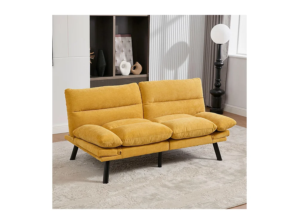 Canapé 2 places chenille ergonomique assise dossier accoudoirs réglables pieds métal confort stable Jaune moutarde