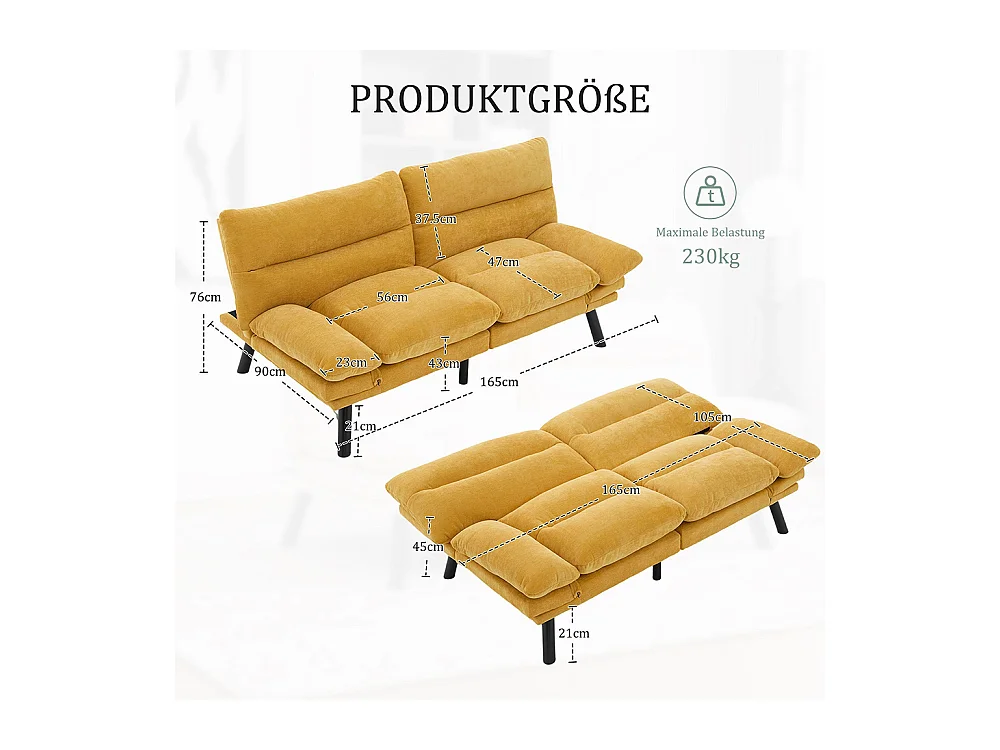 Canapé 2 places chenille ergonomique assise dossier accoudoirs réglables pieds métal confort stable Jaune moutarde