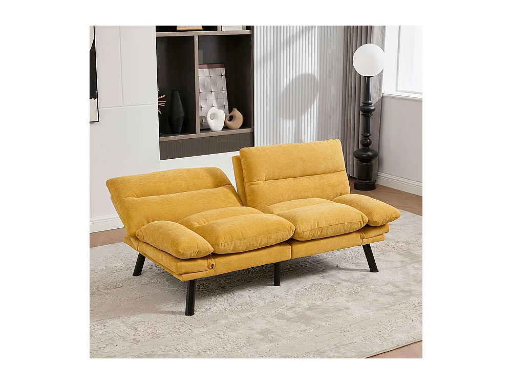 Canapé 2 places chenille ergonomique assise dossier accoudoirs réglables pieds métal confort stable Jaune moutarde