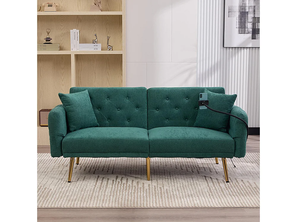 Canapé convertible 2 places dossier ajustable USB poche support téléphone pieds métal pliant siège lit dappoint Émeraude