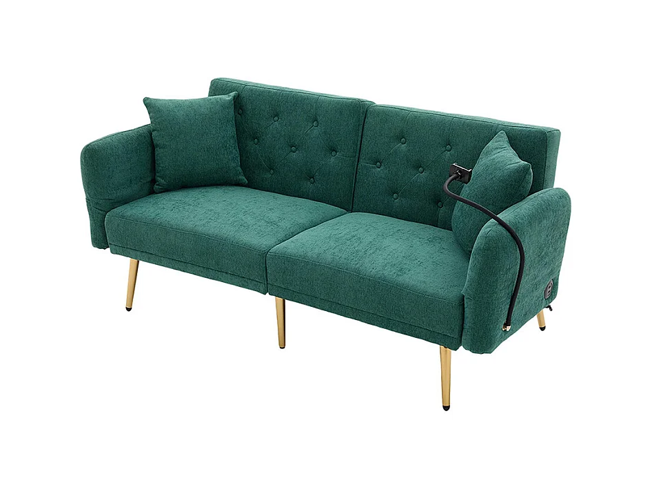 Canapé convertible 2 places dossier ajustable USB poche support téléphone pieds métal pliant siège lit dappoint Émeraude