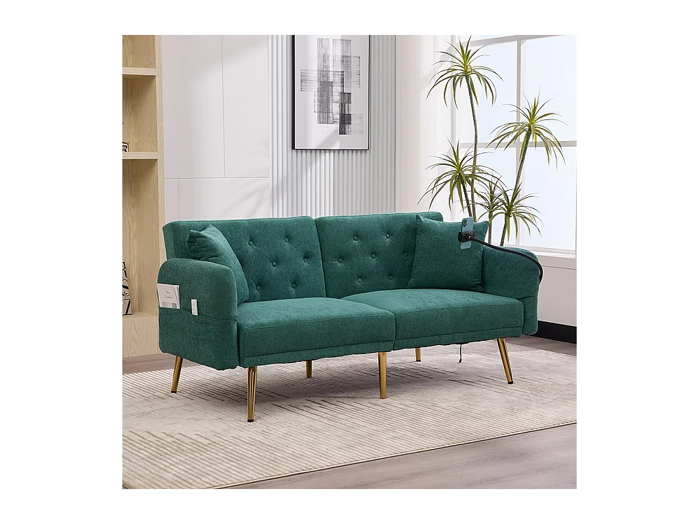 Canapé convertible 2 places dossier ajustable USB poche support téléphone pieds métal pliant siège lit dappoint Émeraude