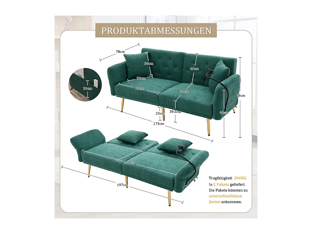 Canapé convertible 2 places dossier ajustable USB poche support téléphone pieds métal pliant siège lit dappoint Émeraude