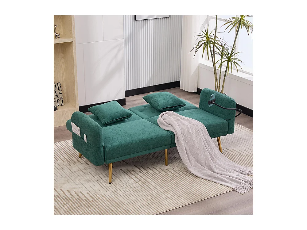 Canapé convertible 2 places dossier ajustable USB poche support téléphone pieds métal pliant siège lit dappoint Émeraude