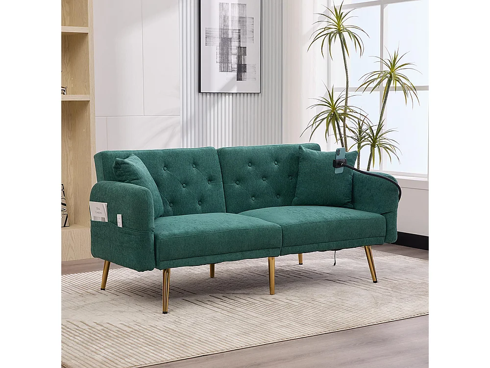 Canapé convertible 2 places dossier ajustable USB poche support téléphone pieds métal pliant siège lit dappoint Émeraude