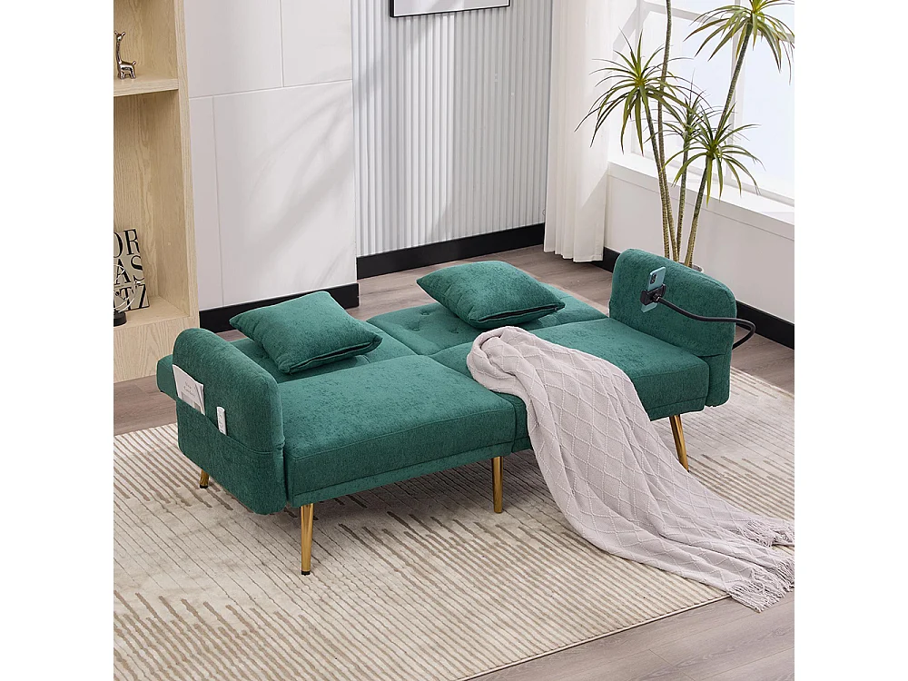 Canapé convertible 2 places dossier ajustable USB poche support téléphone pieds métal pliant siège lit dappoint Émeraude